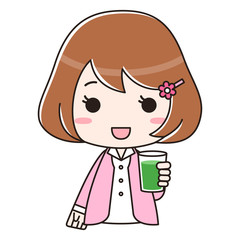 青汁入りのコップを持つ女性　バストアップ