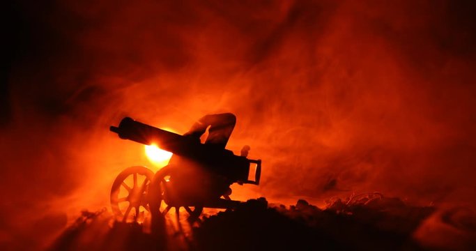 Maxim gun in 1910 sample year.  After battle scene with fog. orange background
