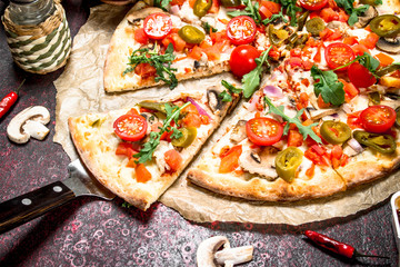 Fresh pizza with ham and vegetables. - obrazy, fototapety, plakaty