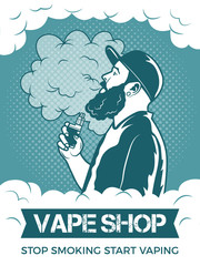 Hipster holding electronic cigarette, he smoking and make vapor. Poster template for vaping shop or club