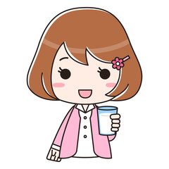 牛乳が入ったコップを持つ女性　バストアップ