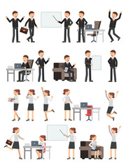 Different business peoples male and female in action poses. Woman at work. Illustrations of characters