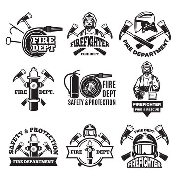 Monochrome labels set for fire department. Pictures of fireman