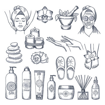 Illustrations set for spa salon. Candles, oils and stones, water therapy