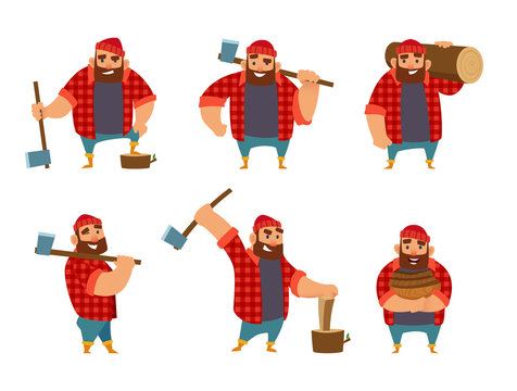 Lumberjack in different poses holding axe in hands. Vector pictures isolate  on white Stock Vector | Adobe Stock