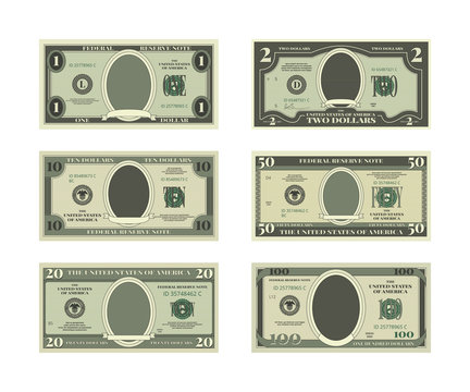Template of fake money. Vector pictures of dollars