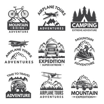 Labels set for travelers club. Vector monochrome pictures