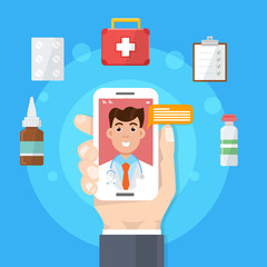 Obraz premium Pharmacy, doctor online medical consultation, internet health service. Vector illustration.