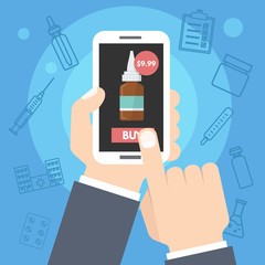 Pharmacy buy online medicine, internet  health service. Man holding smartphone in hand. Vector illustration.