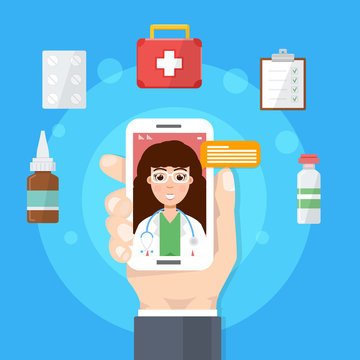 Pharmacy, doctor online medical consultation, internet  health service. Vector illustration.