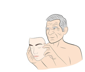 An elderly man dresses a mask with the face of a young guy. concept of rejuvenation. vector illustration.

