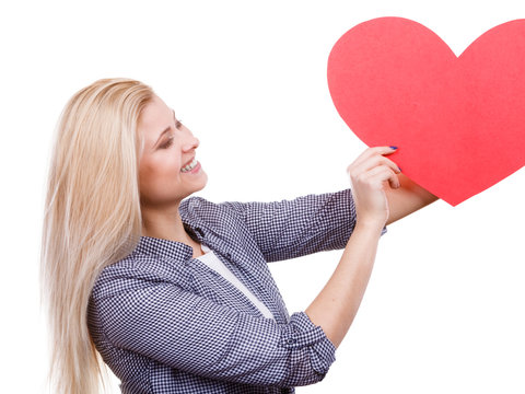 Woman Holding Big Red Heart, Love Sign