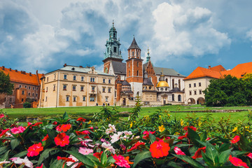 Cathedral on wawel hill with the stormy clouds in the background