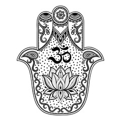 Vector hamsa hand drawn symbol. OM decorative symbol. Decorative pattern in oriental style for the interior decoration and drawings with henna. The ancient symbol of the " Hand of Fatima ".