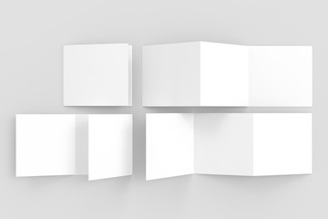 Three fold - trifold square brochure mock up isolated on soft gray background. 3d illustrating
