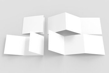 Three fold - trifold square brochure mock up isolated on soft gray background. 3d illustrating