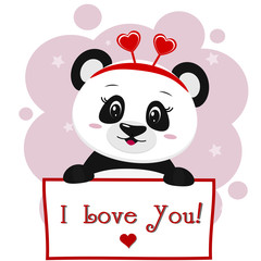 Panda with a red rim of hearts holding a plate in the paws, in the style of cartoons.