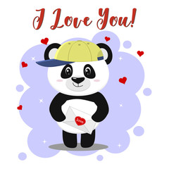 The panda in the baseball cap stands and holds a letter with a heart in its paws, in the style of cartoons.