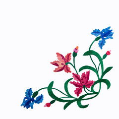 Embroidery pattern of flowers handmade smooth thread of floss on white background isolate with copy...