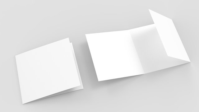 Three fold - trifold square brochure mock up isolated on soft gray background. 3d illustrating