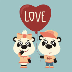 Love. Two funny pandas, boy and girl, with balloon-heart. Greeting card for Valentine's day.
