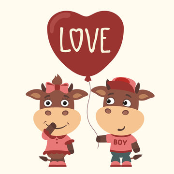 Love. Funny bull and cow with balloon-heart. Greeting card for Valentine's day.