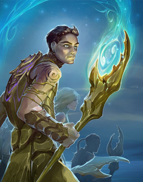 Fantasy illustration of a zodiac sign cancer as a handsome young shaman with a magic staff decorated as crab claw