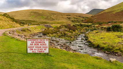 Sign: Keep your dog on a lead at all times (Welsh & English), seen near Llyn y Fan Fach in Carmarthenshire, Dyfed, Wales, UK