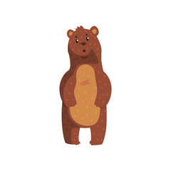 Cute bear with surprised muzzle expression. Cartoon wild animal with brown fur, small rounded ears and shiny eyes. Flat vector for book cover, print, sticker or poster