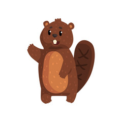Funny beaver with brown fur, shaped tail, shiny eyes and big teeth. Cartoon rodent character waving by his paw. Flat vector design for children book, print or sticker © topvectors