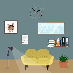 office room interior  with yellow sofa in flat design