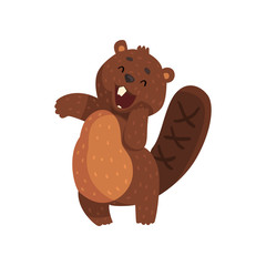 Shy little beaver with cute muzzle. Adorable forest animal with little ears, shaped tail and big teeth. Cartoon rodent character. Flat vector for sticker, print or book