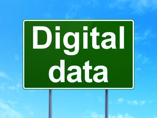 Information concept: Digital Data on green road highway sign, clear blue sky background, 3D rendering