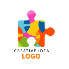 Creative idea geometric logo template with abstract colorful puzzle piece. Education business or development center label. Flat design vector on white.