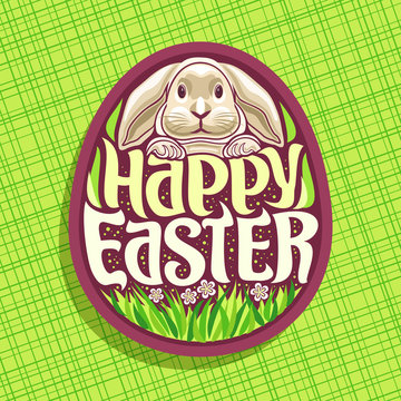 Vector logo for Easter holiday, original handwritten brush typeface for text happy easter, grey rabbit on background of egg shape, easter modern concept with cute bunny and spring grass with flowers.