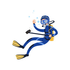 Fototapeta premium Diver swimming underwater and taking selfie using camera on monopod. Man in diving suit, goggles, flippers and breathing gas on back. Flat vector design