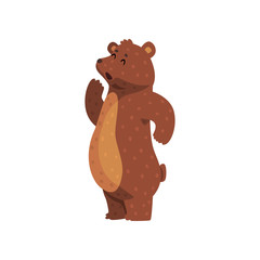 Cartoon grizzly bear calling up for someone. Cute animal with brown fur, small ears and short tail. Wild forest creature. Flat vector for children s book, print, sticker