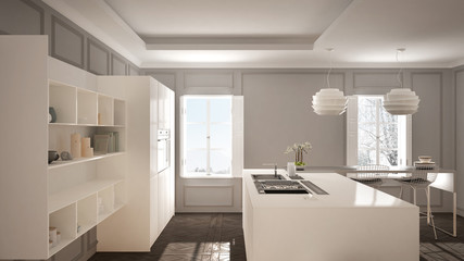 Modern kitchen furniture in classic room, old parquet, minimalist architecture, white and gray interior design