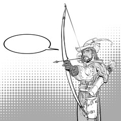Robin Hood aiming on target. Robin Hood standing with bow and arrows. Defender of weak. Medieval legends. Heroes of medieval legends. Halftone background.