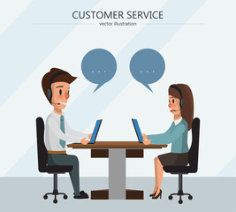 man and woman working with laptop in office room. business people talking character.