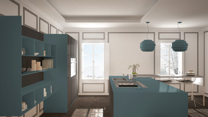 Fototapeta na wymiar Modern kitchen furniture in classic room, old parquet, minimalist architecture, gray and blue interior design