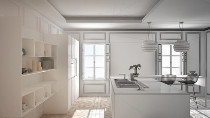 Unfinished project of modern kitchen furniture in classic room, old parquet, minimalist architecture interior design
