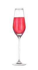 Hand drawn watercolor illustration of Red wine in a glass isolated on white background.