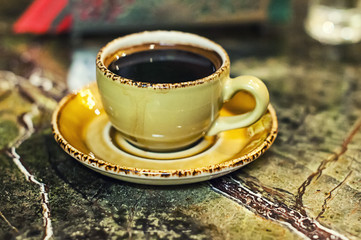 coffee ET on a beautiful marble table.