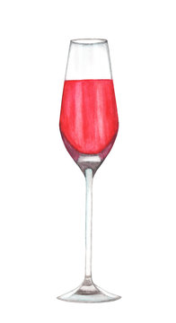 Hand drawn watercolor illustration of Red wine in a glass isolated on white background.
