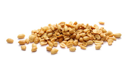 Fried and salted peanuts pile isolated on white