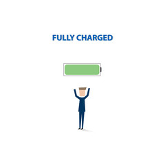 Businessman with fully charged and ready to work. Business concept of power and success. Vector illustration.