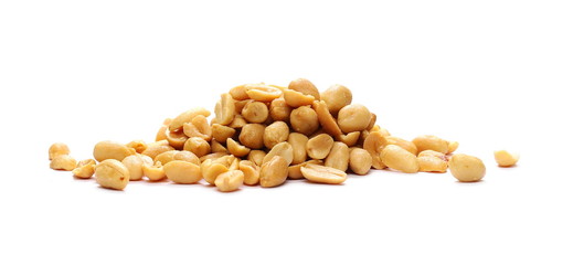 Fried and salted peanuts pile isolated on white