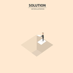 Businessman building bridge over deep hole. Business solution vector concept. Symbol of business success, overcome challenges and ambition. Vector illustration.
