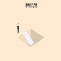 Businessman standing ready to jump in the failure in business vector concept illustration with depressed . Symbol of bankruptcy, professional problems, crisis. Vector illustration.